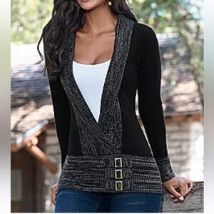 VENUS Black and Gray Shawl Collar Buckle Cardigan sweater L
